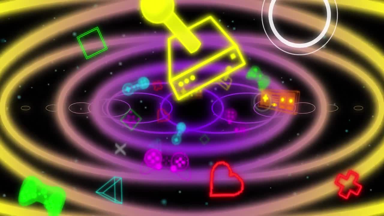 animación de formas en movimiento e iconos de juegos sobre fondo negro