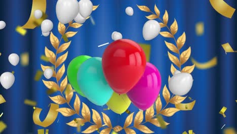 Animation-of-balloons-floating-and-golden-confetti-falling-over-golden-wreath-against-blue-curtains