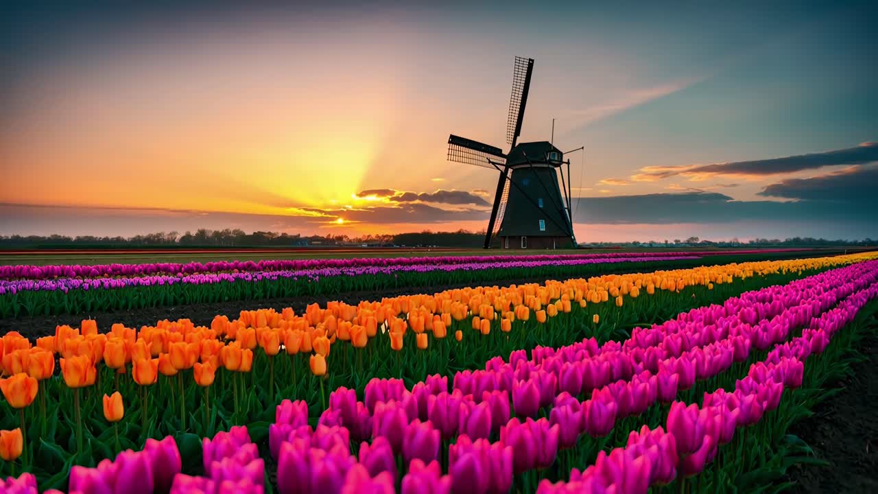 Campi di tulipani vivaci al tramonto con un mulino a vento, ripresi con uno stile video grandangolare, desktop live