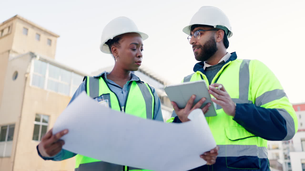 profesionales de la construcción que revisan los planes