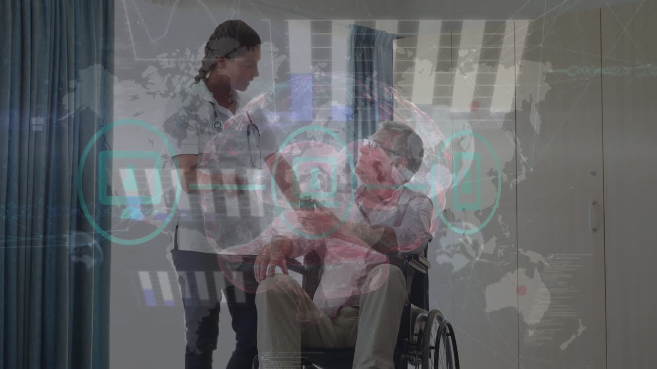 Animation of data processing against biracial female doctor talking to male patient in wheelchair