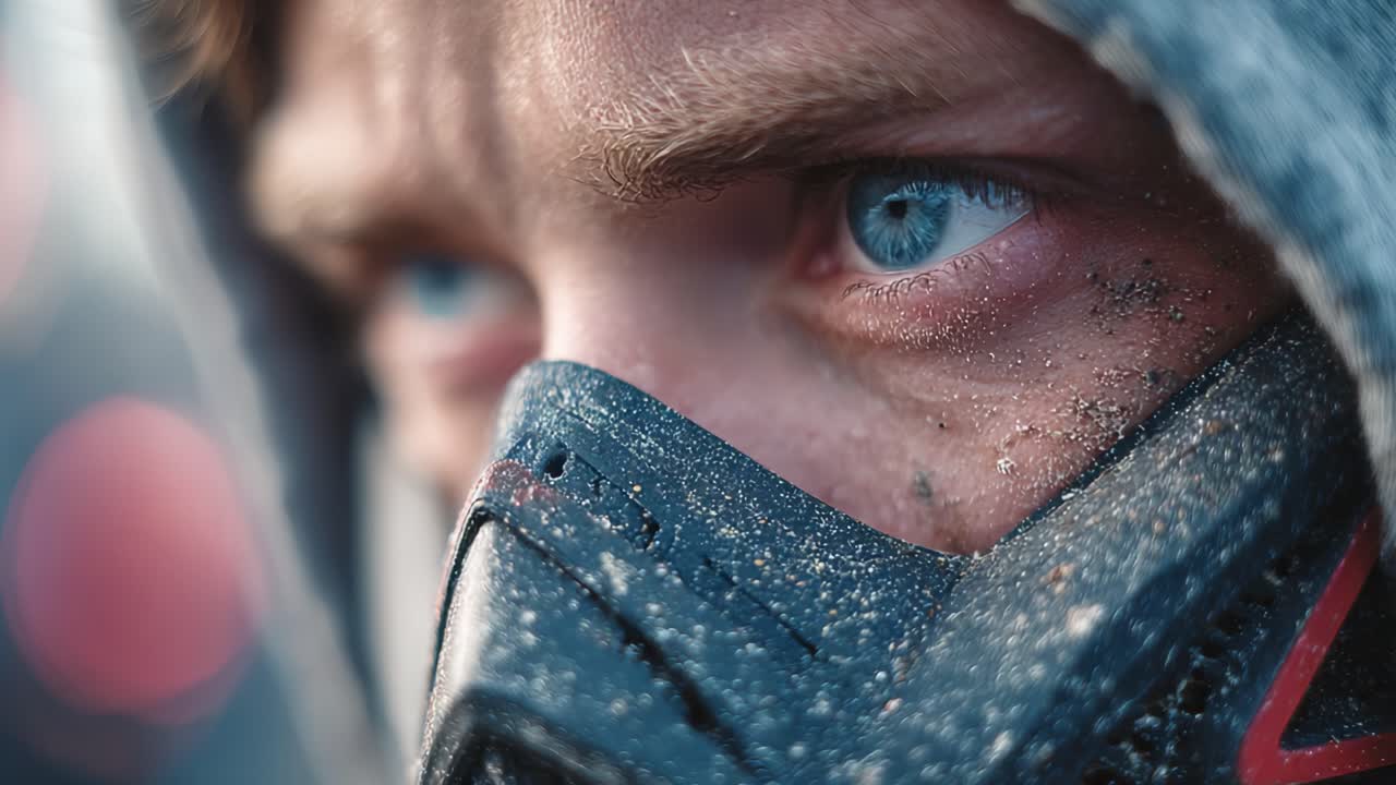 An Intense Close-Up of a Young Individual with Striking Blue Eyes and a Respiratory Mask, Conveying Emotions of Resilience Amidst a Dusty Environment