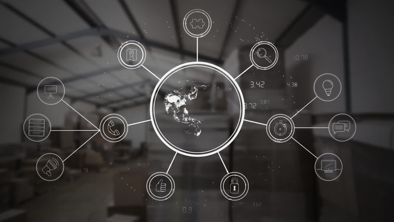 Globo digitale con dati su sfondo di magazzino