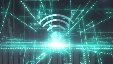 animation of green light trails and wi-fi symbol over statistical data processing on grey background