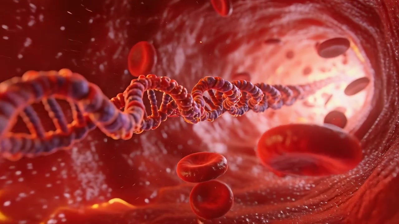 Fremadskridende DNA-helix roterer inde i et kar-lumen, blodstrøm driver helixen mod en lys åbning.