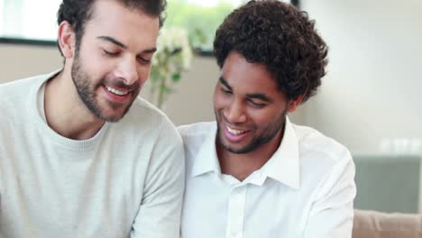 Gay-couple-looking-pictures-together-on-their-camera