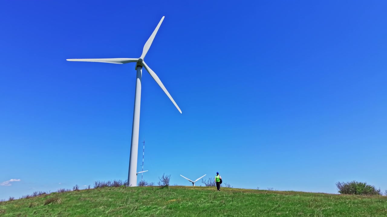 Engineer checks the operation of windmills during clear weather in a field in an open landscape