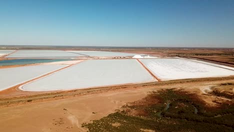 Imágenes-Aéreas-De-Campos-De-Extracción-De-Sal-De-Evaporación-Solar-Expansivos,-Toma-Panorámica-De-La-Bandeja-Deslizante