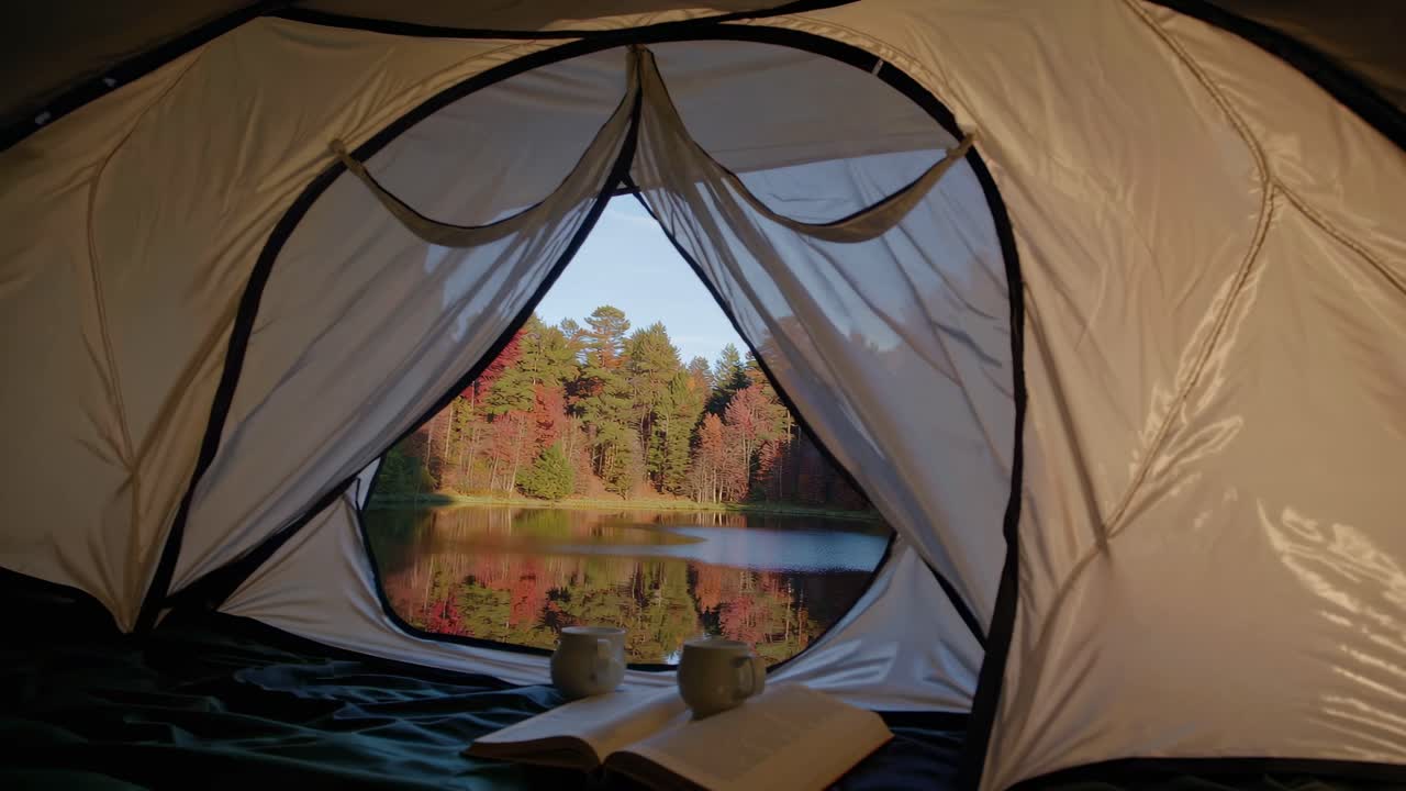 POV shot from inside a tent overlooking a serene lake and autumn forest, perfect for a calming