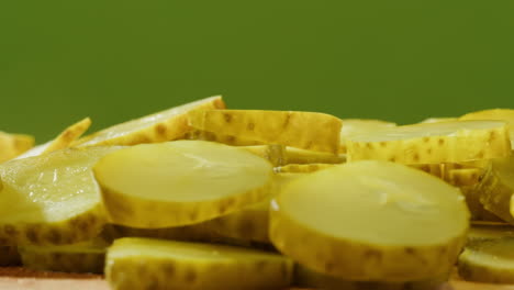 close-up of sliced pickles