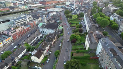 Aerial-static-shot-of-a-busy-street-with-cars-in-Cork,-Ireland