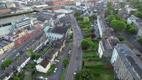 aerial static shot of a busy street with cars in cork, ireland