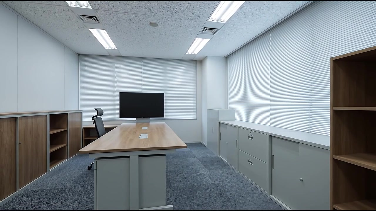 Clean and Modern Empty Office Room with Desk and Monitor