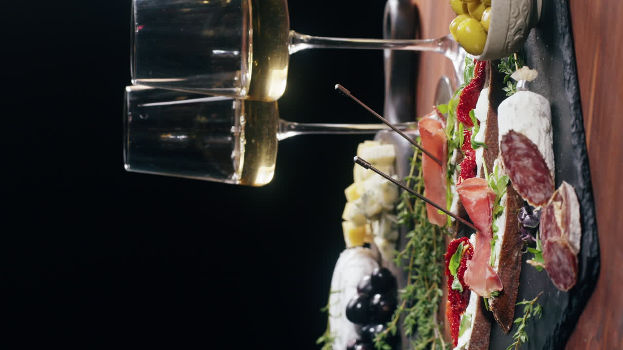 Charcuterie board with wine glasses