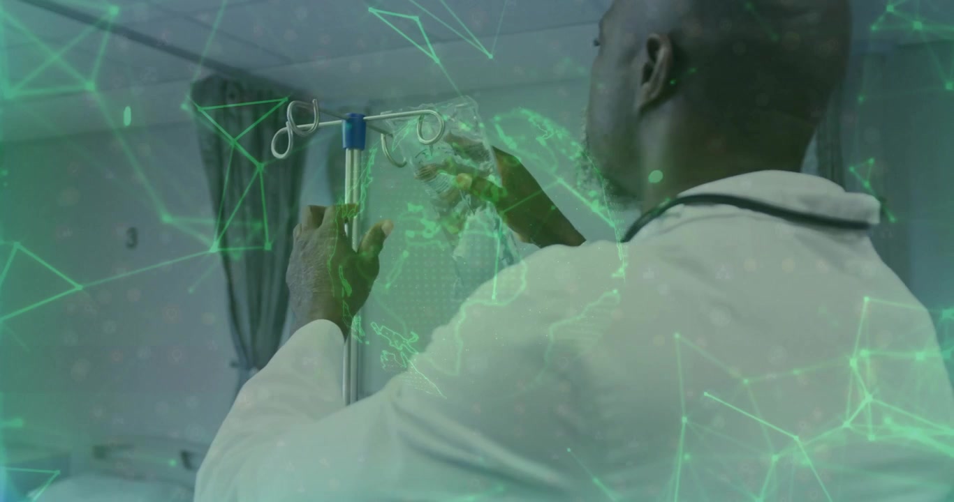 Senior male doctor adjusting IV bag in healthcare room, with green network and world map graphics