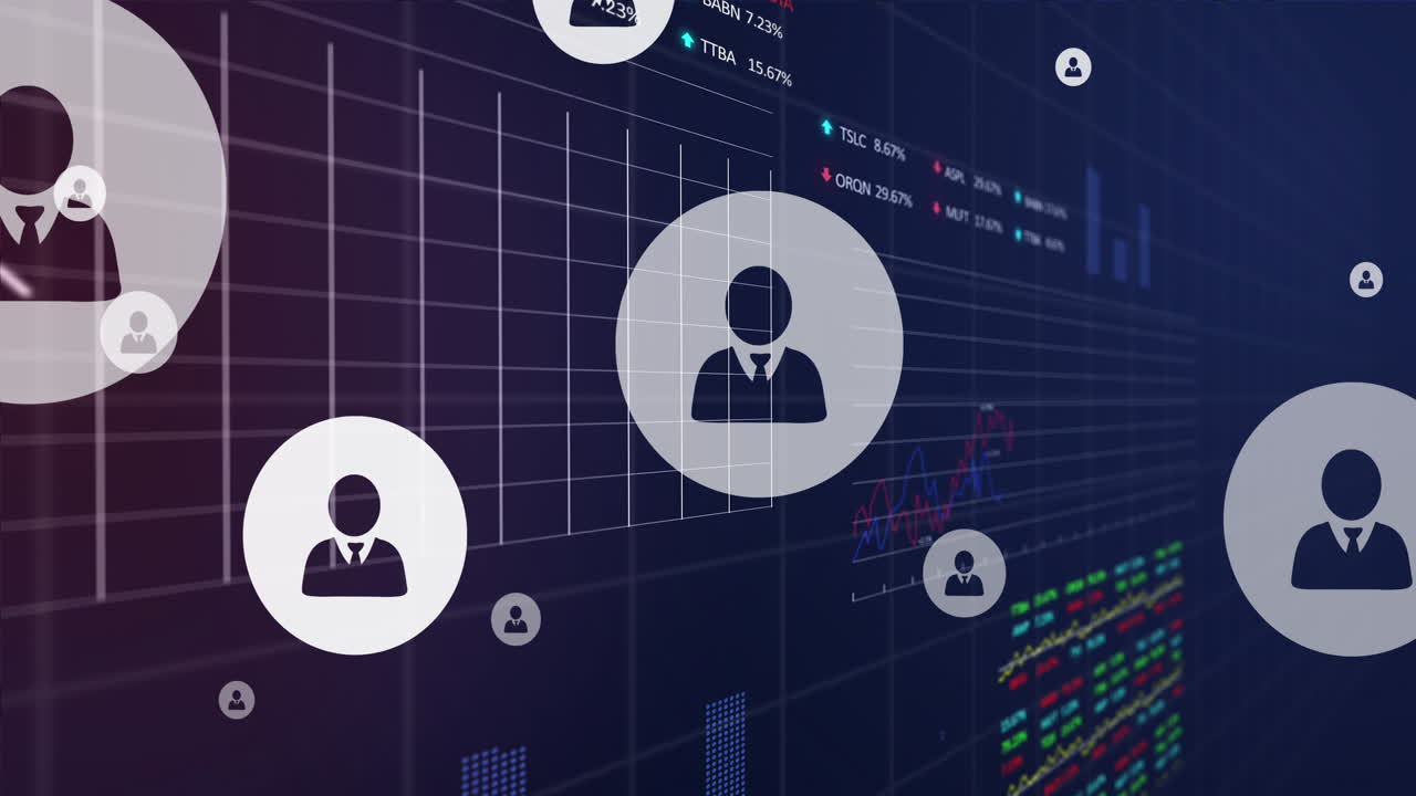 animación de iconos de medios sobre el procesamiento de datos financieros