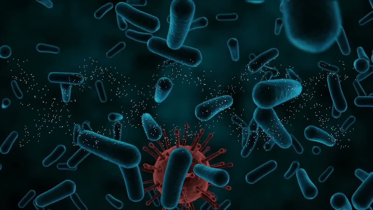 animación digital de la célula de covid-19 girando contra los vasos sanguíneos flotando contra un fondo azul