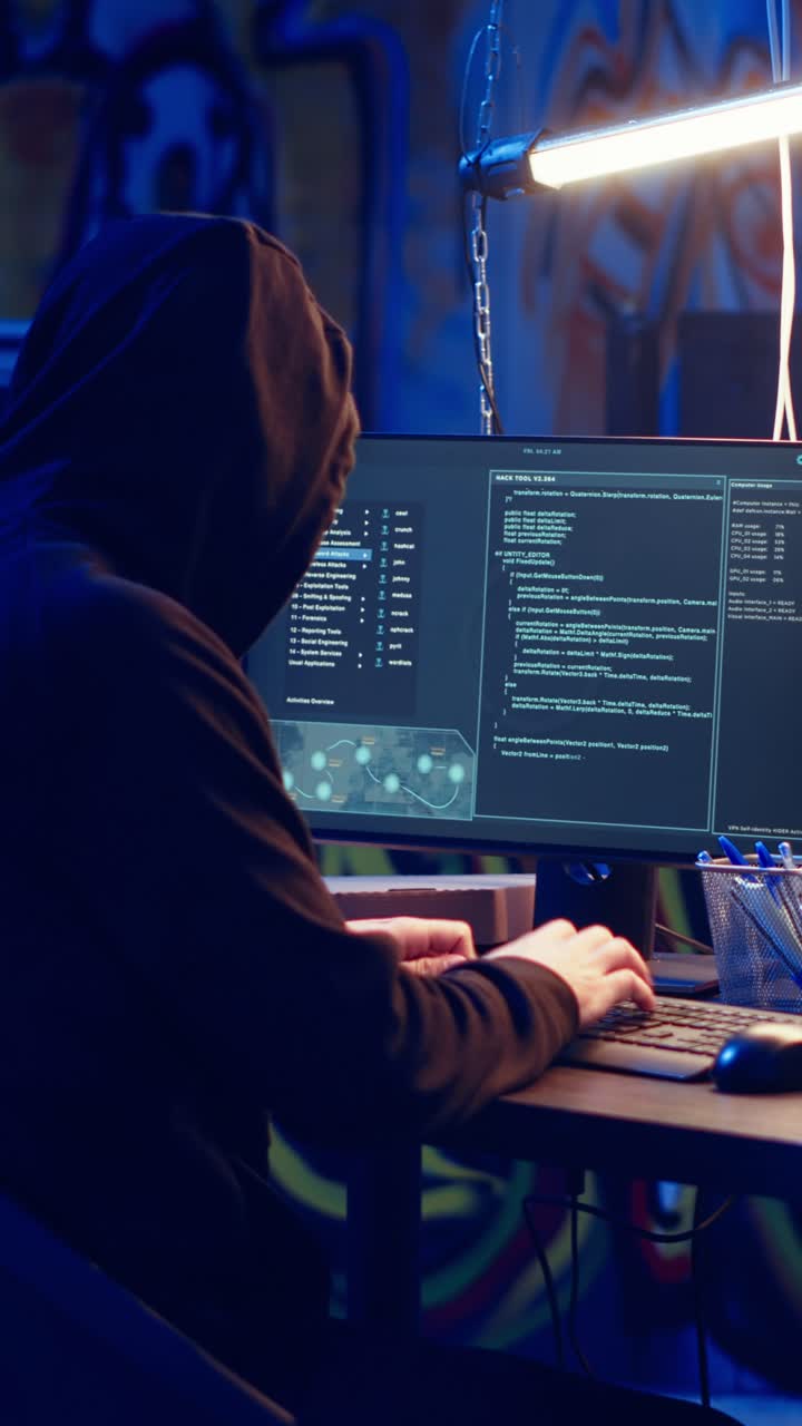 Vertical video Hacker using computer to target vulnerable unpatched connections