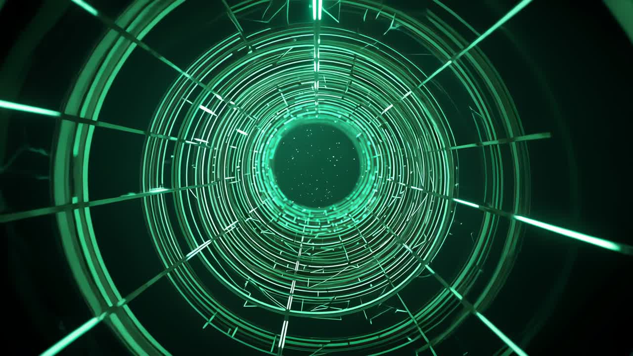 Reaching second frame, neon-green wireframe tube rotating in void with grid pulses immersing viewer
