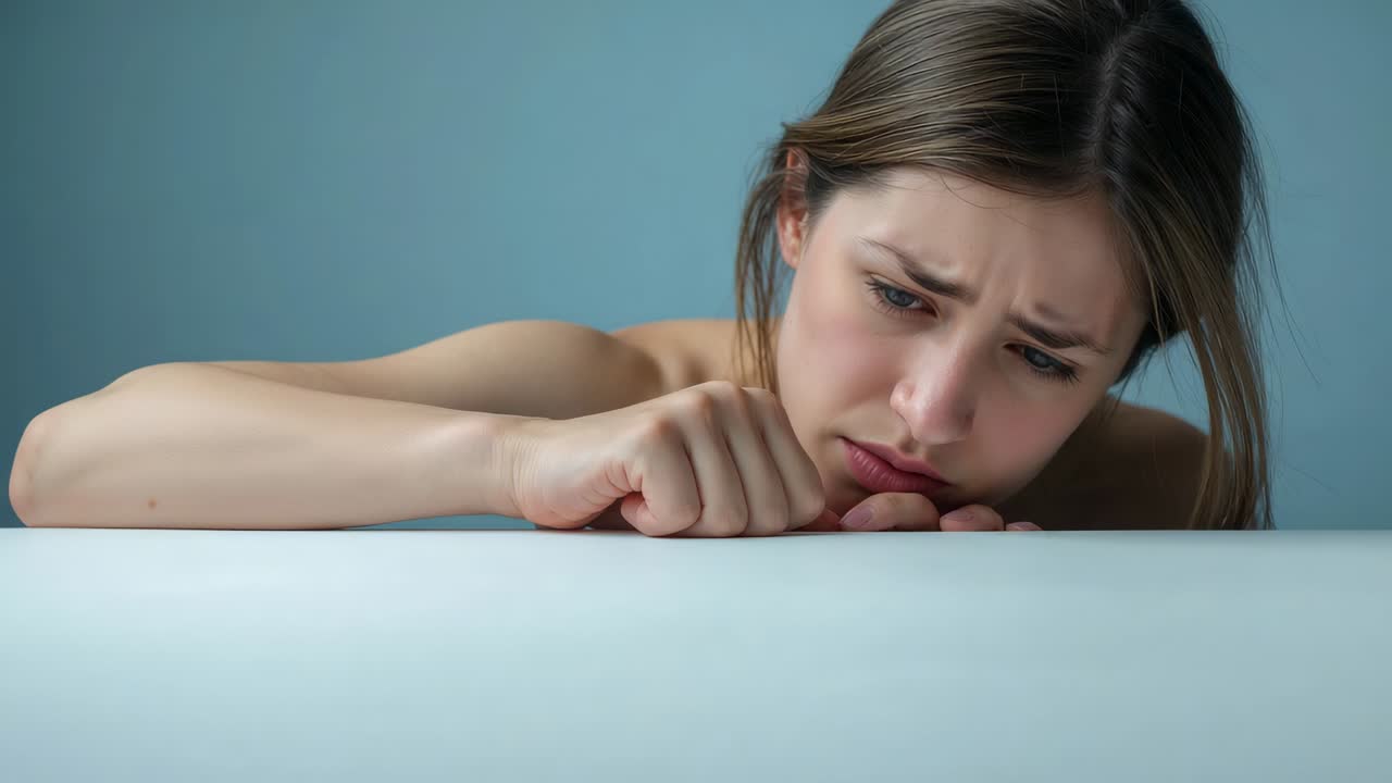 Reacting to worry, woman in strapless top lifting head, tapping white ledge in pale blue room