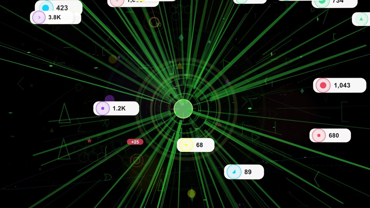 Central green node pulsing and launching beams when receiving metrics, arranging metric bubbles