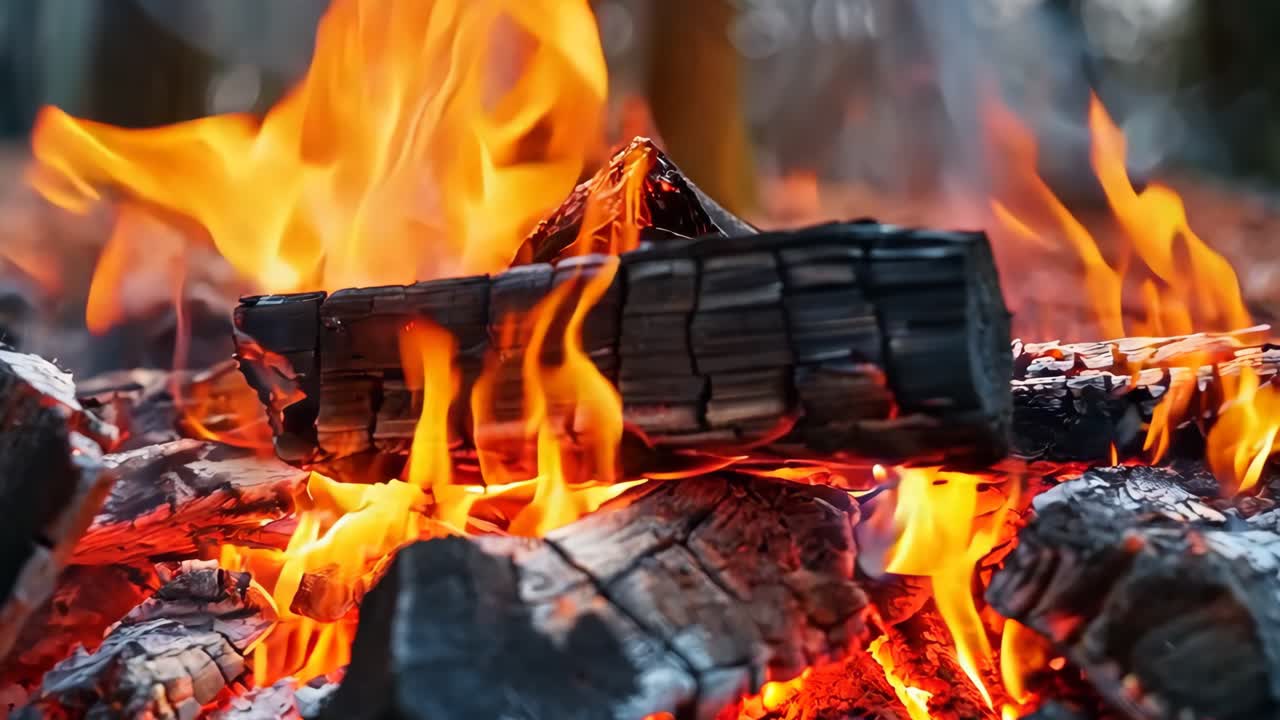 불타고 있는 나무 석탄 어리 의 근접 사진