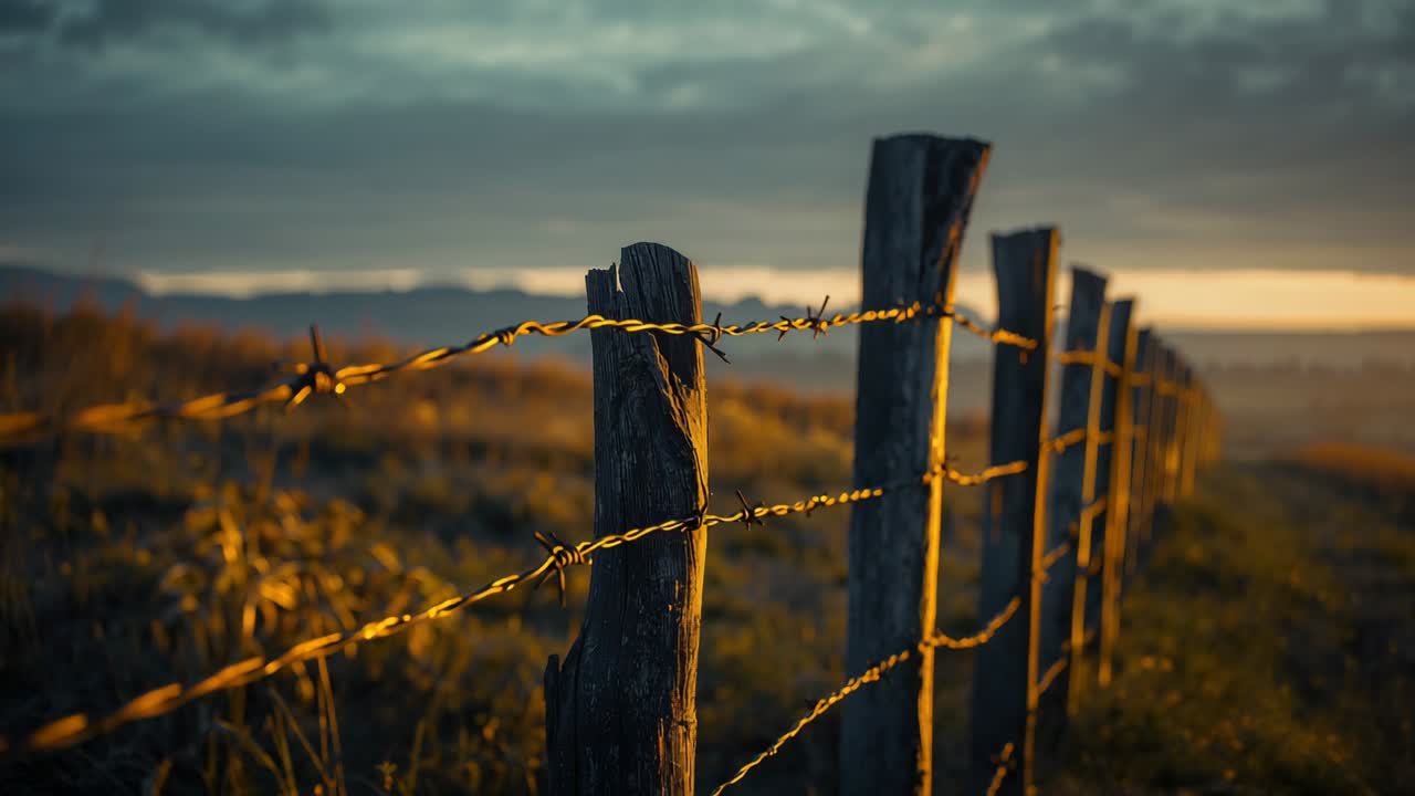 Bathing wooden fence post, golden sunlight spreading across barbed wire at pasture as horizon thins