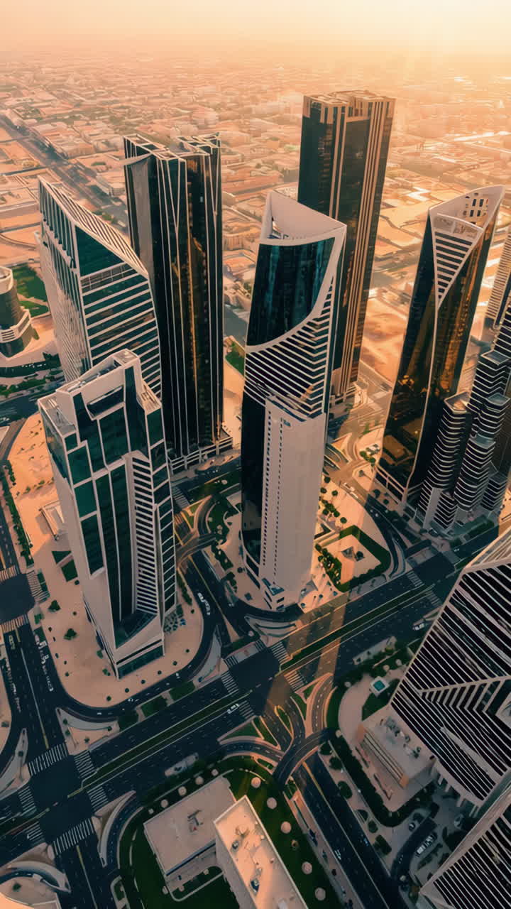 Aerial View of a Modern City Skyline at Golden Hour