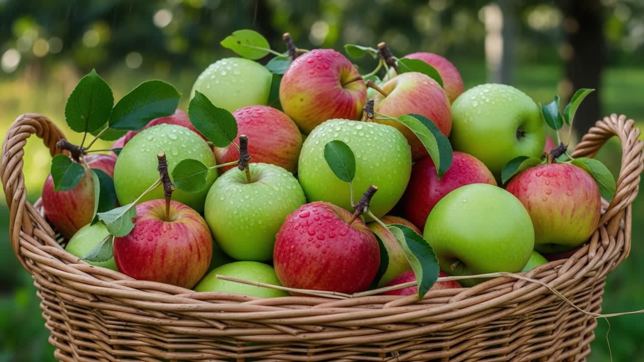 A Bountiful Basket of Fresh Apples: Vibrant Red and Green Varieties with Dewdrops Highlighting Their Crispness and Freshness in a Lush Garden Setting