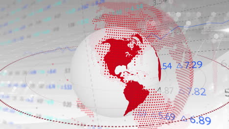 Globo-Con-Continentes-Rojos-Y-Animación-De-Datos-Financieros-Sobre-Fondo-De-Mapa-Mundial