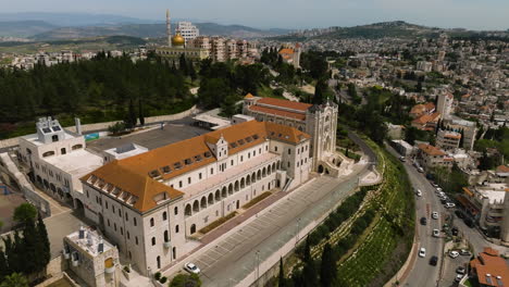 Aerial-View-Of-The-Basilica-Of-Jesus-The-Adolescent-In-Nazareth,-Israel