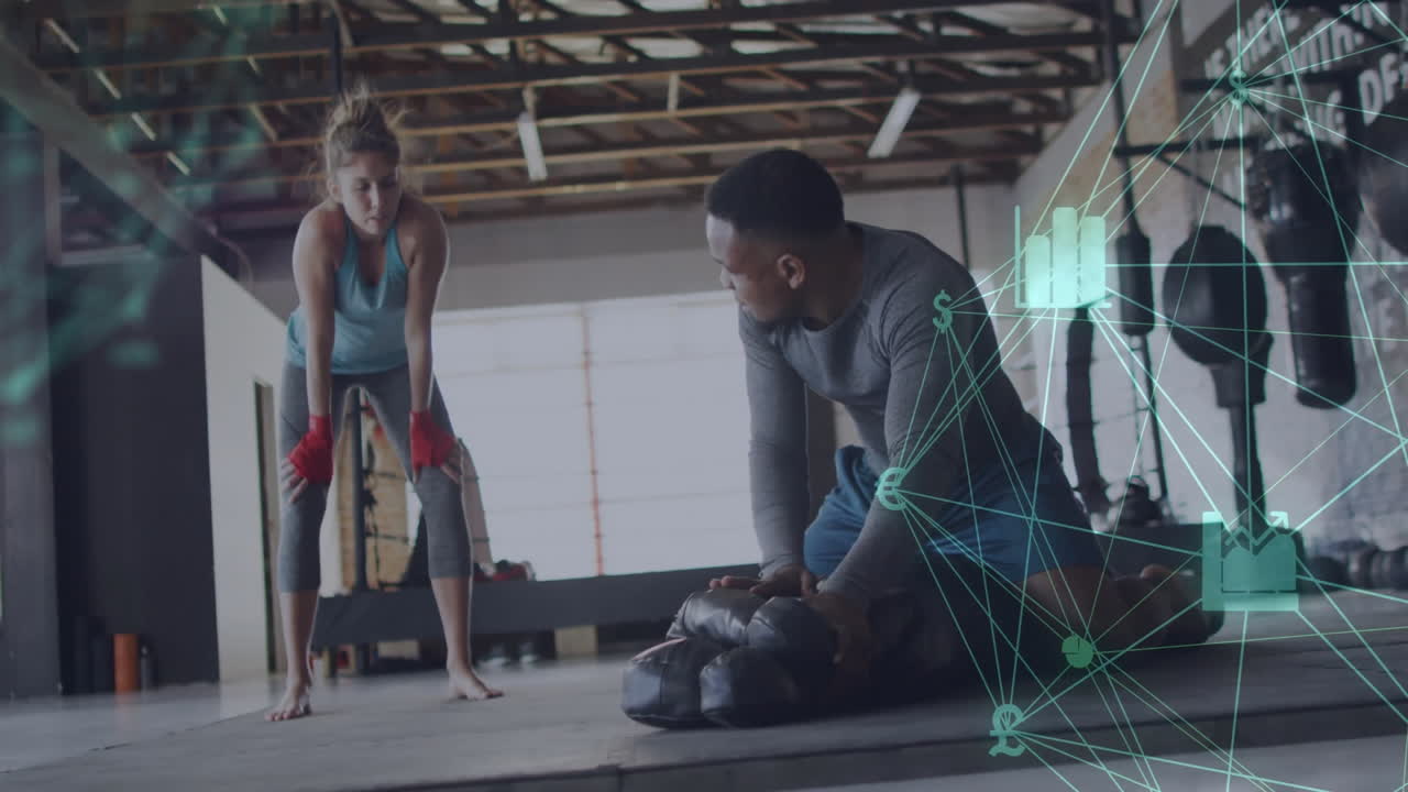체육관에서 훈련, 체력 데이터 및 네트워크 연결, 운동 선수에 대한 애니메이션