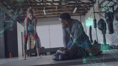 entrenamiento en gimnasio, datos de fitness y conexiones de red animación sobre atletas