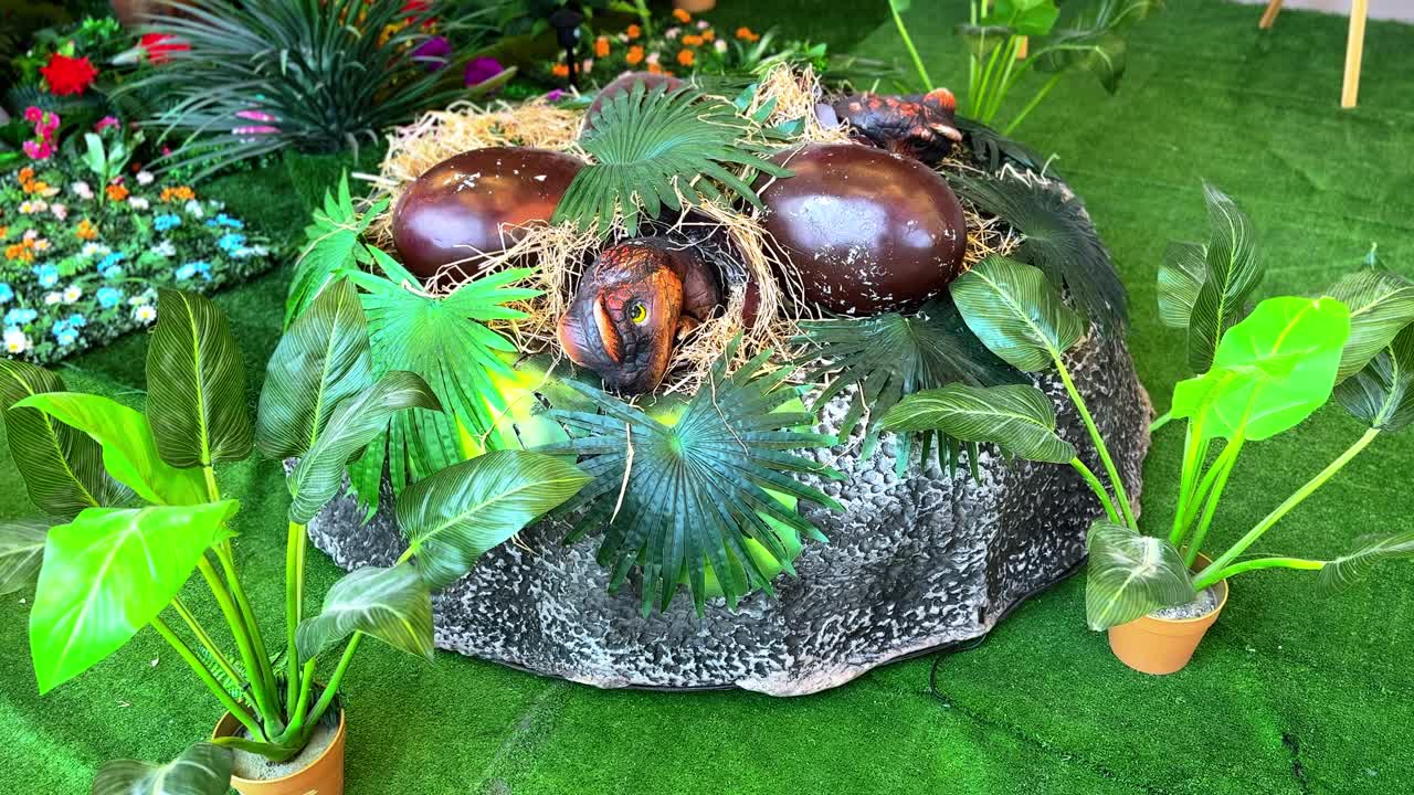 Realistic baby dinos emerging from eggs in a vivid jungle nest—great for kids’ content, education, or fantasy visuals