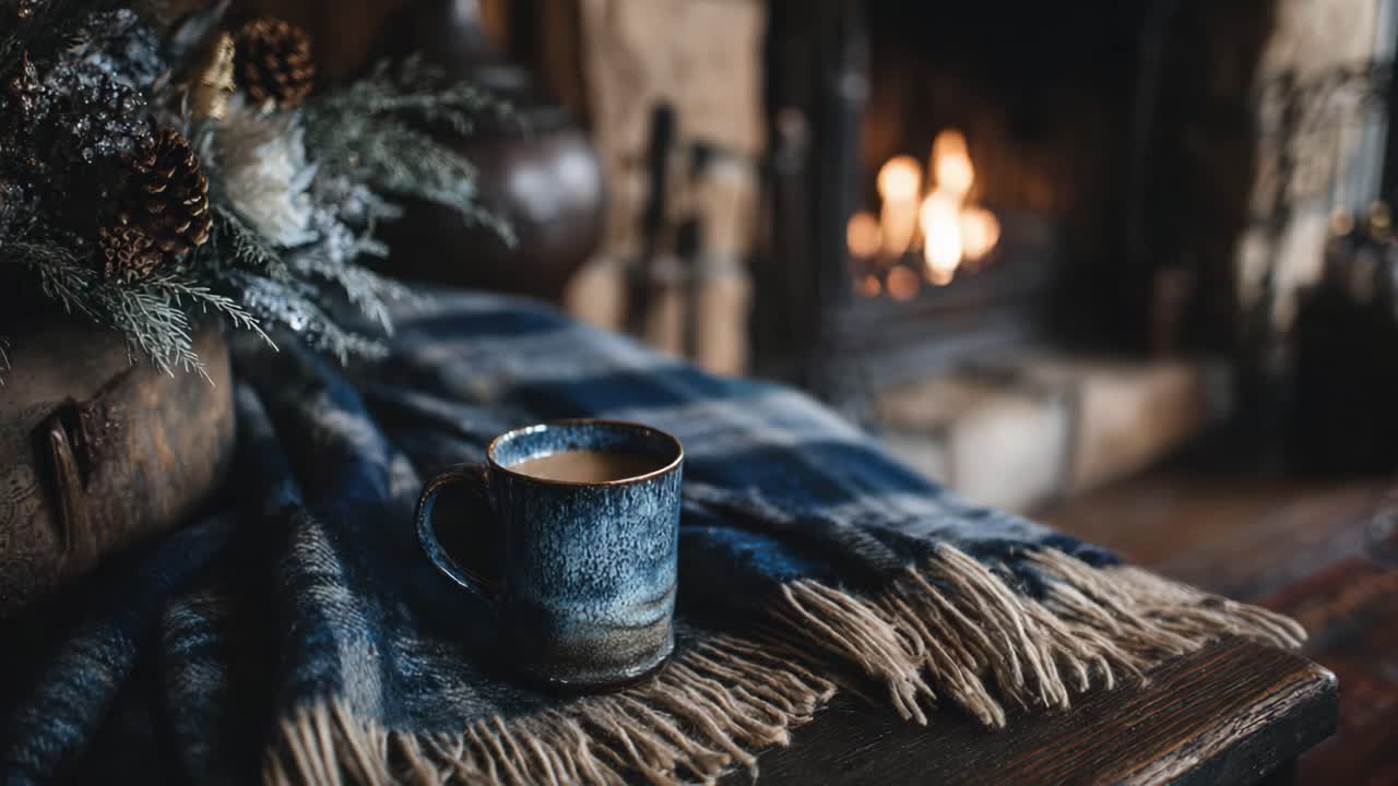 Cozy Winter Warmth: A Beautifully Decorated Fireplace Scene Featuring a Mug of Hot Drink Surrounded by Plush Textiles and Festive Accents, Perfect for a Comfortable Evening