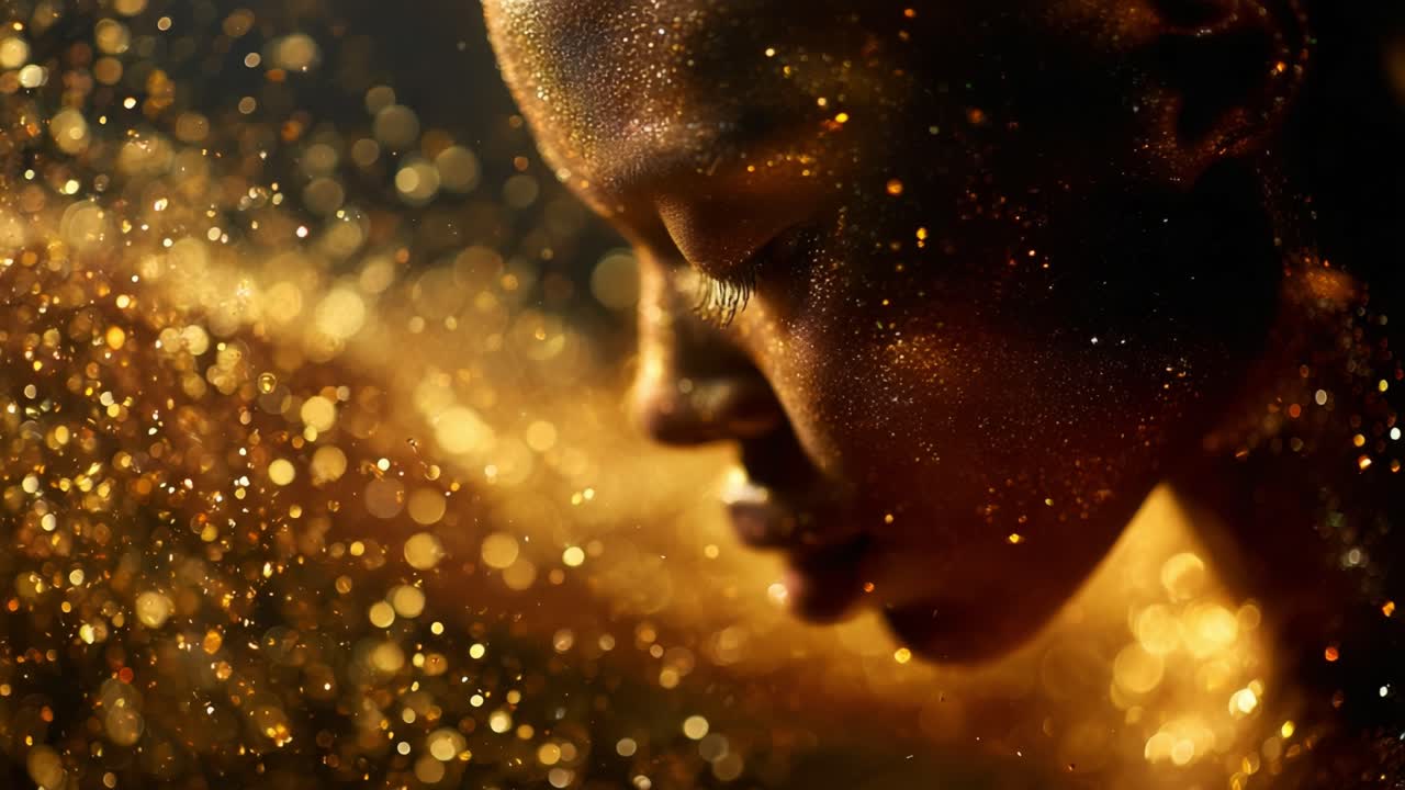Captivating Portrait Emphasizing a Pensive Expression Enveloped in a Golden Mist of Glitter, Highlighting the Beauty of Tranquility and Elegance Amidst a Dreamy, Sparkling Background