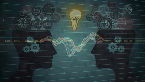 animation of graph and numbers over gears, heads and bulb