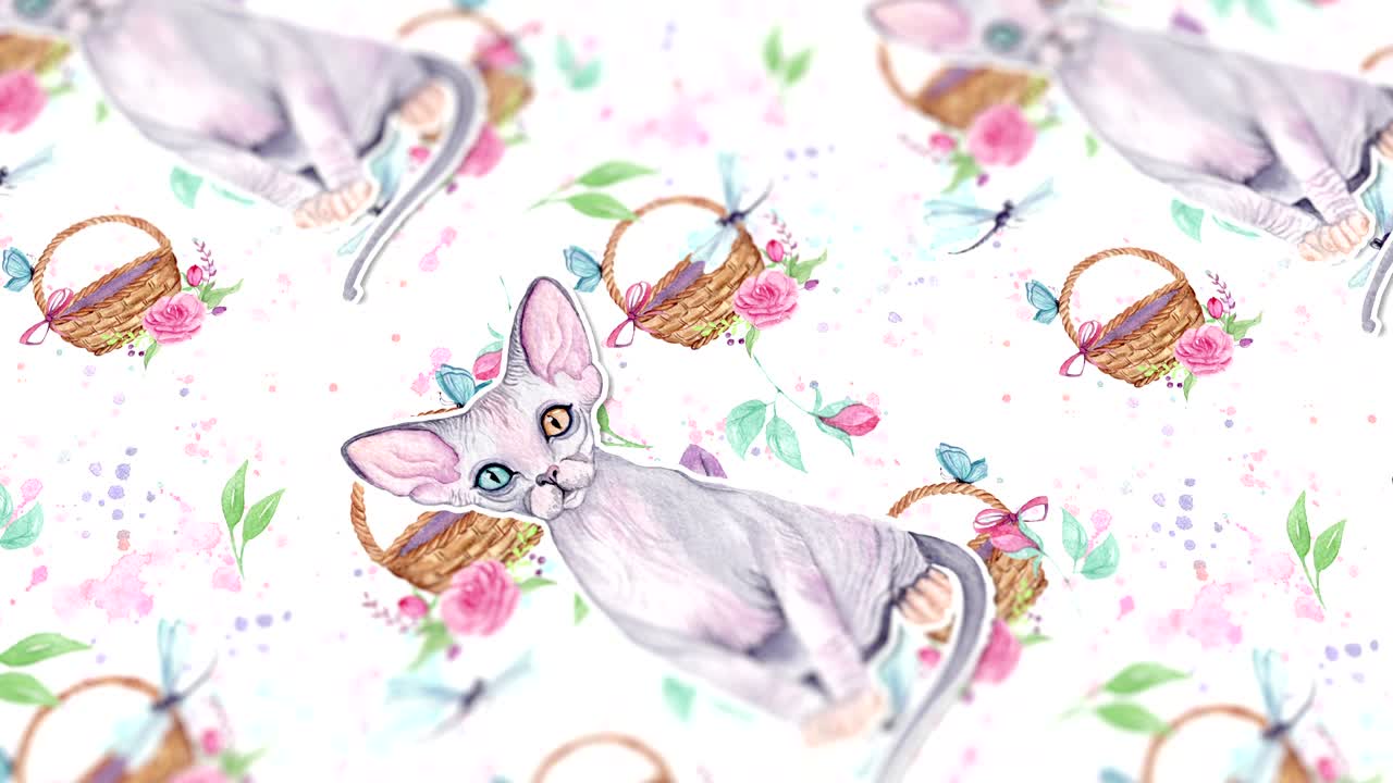 手描きの水彩猫と花が描かれた抽象的な背景。シームレスなループ再生4K映像。