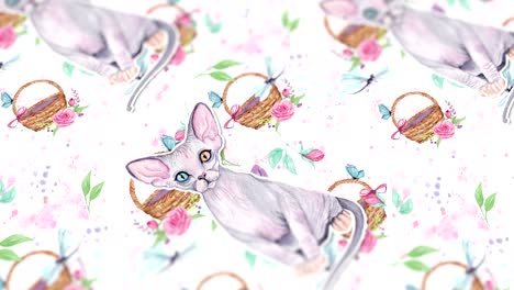 abstract background with hand drawn watercolor cats and flowers. seamless looping 4k footage.