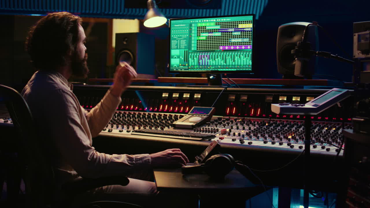 Sound designer processing and mixing tunes in control room