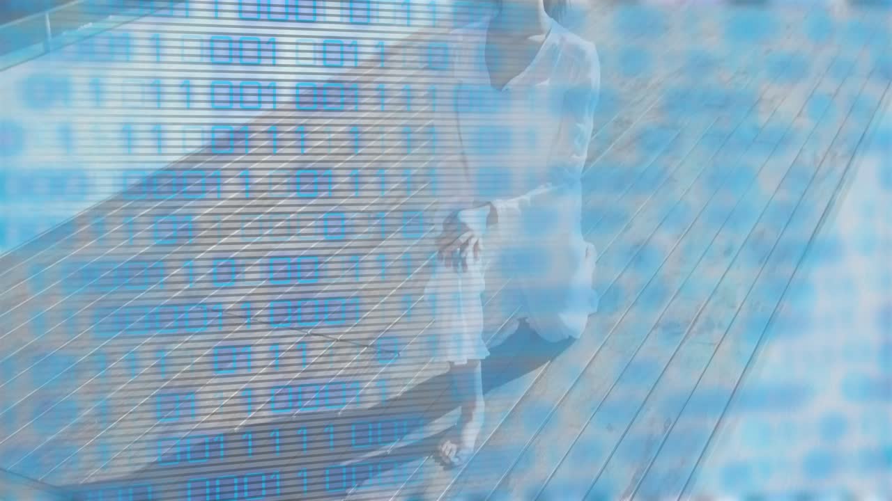 Shifting binary overlay revealing woman kneeling on deck, highlighting digital to real transition
