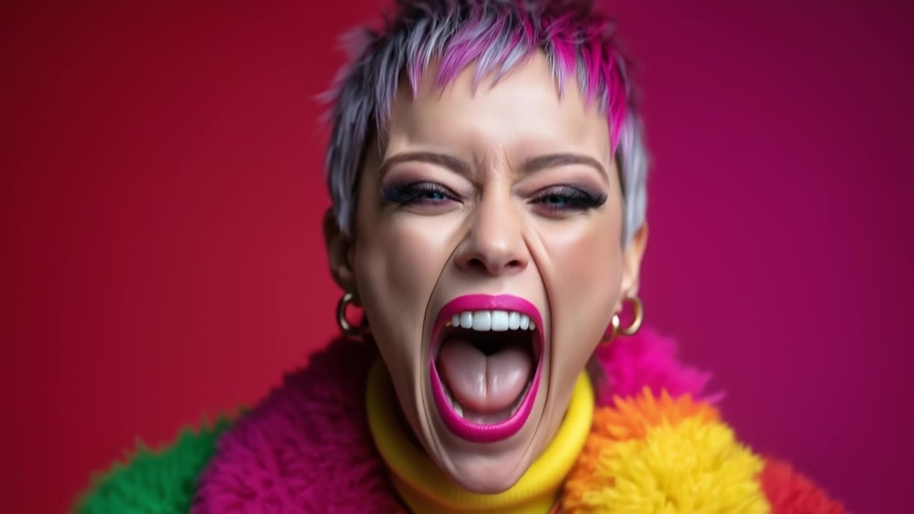 Expressive person with short pink hair screaming while wearing a colorful faux fur coat