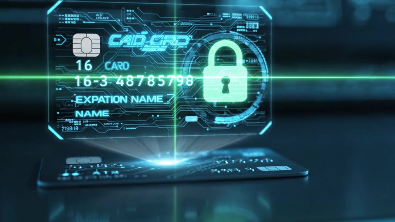 Futuristic Digital Payment Technology Showcase Featuring Secure Card Interfaces and Enhanced Data Visualizations in a High-Tech Environment