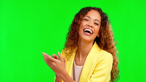Clapping,-woman-and-laughing-face-in-studio