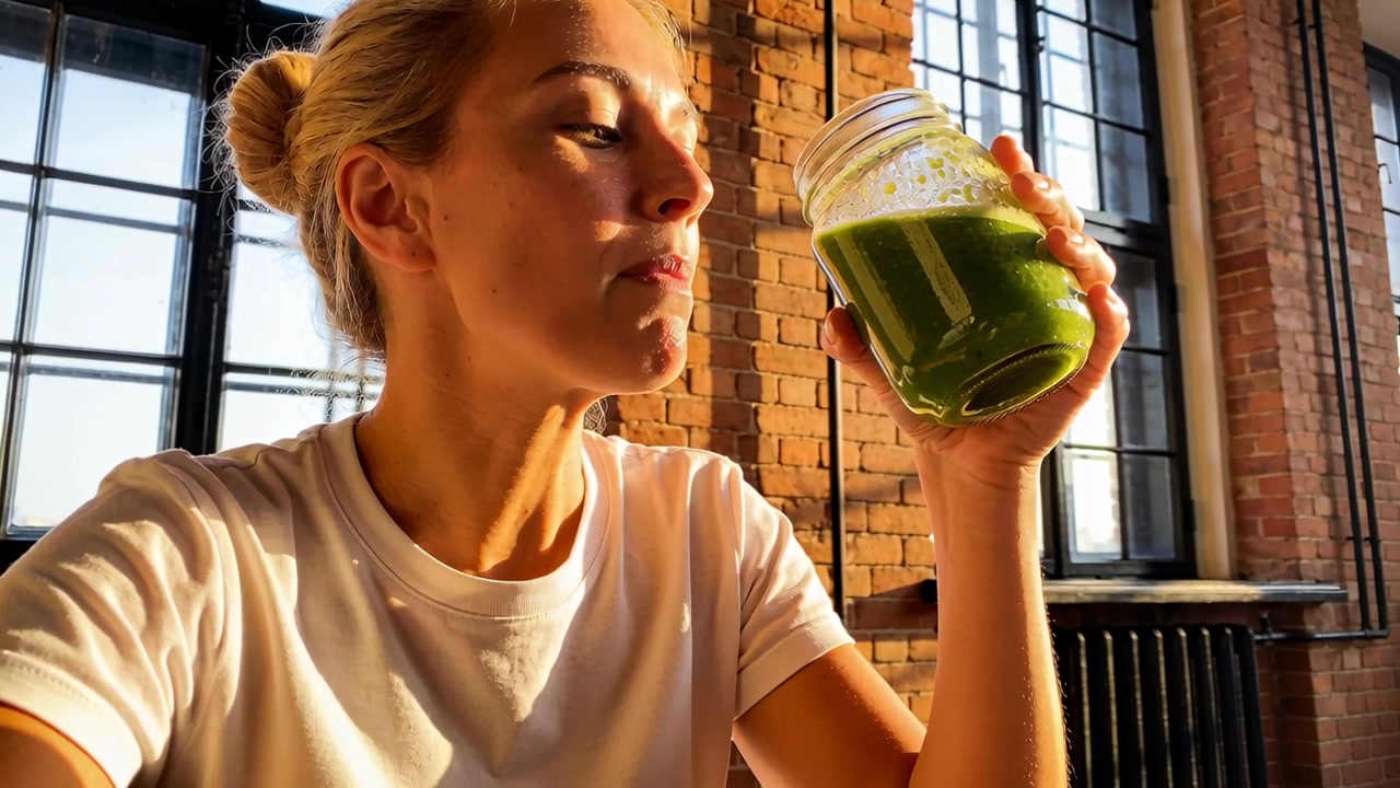 Blondýnka zvedá sklenici a dopíjí zelené smoothie u loftových oken, slunce jí svítí na obličej, v bílém tričku.