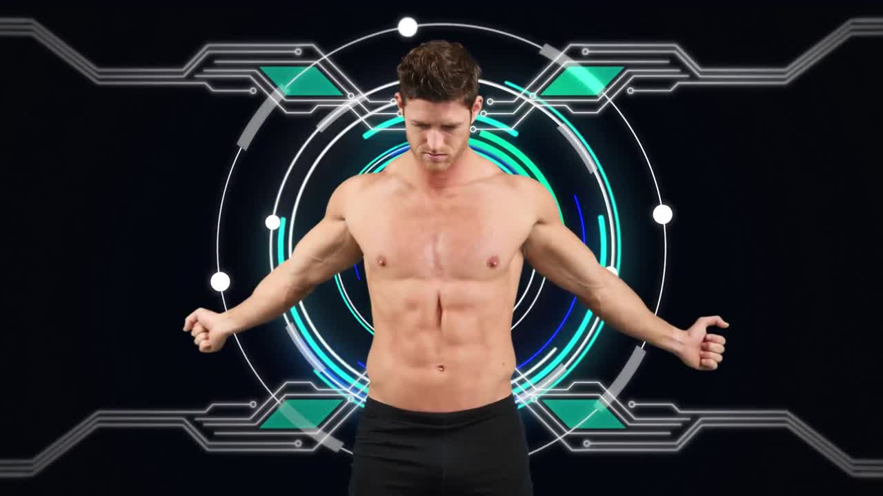 스 ⁇  스캐닝 및 데이터 처리와 함께 강한 근육 남자의 애니메이션
