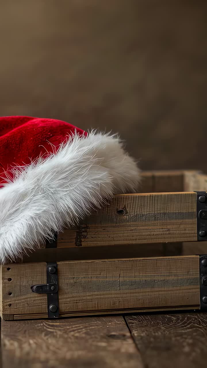 Vertical video: Camera panning revealing red Santa hat on crate on table for holiday scene