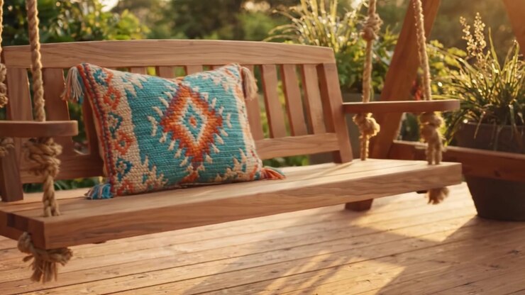 Un'altalena in legno dal design raffinato con un cuscino vivace, circondata da una vegetazione lussureggiante, perfetta per il relax in un ambiente esterno sereno.