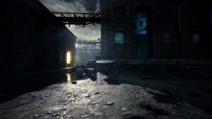 Dark factory warehouse alley at night