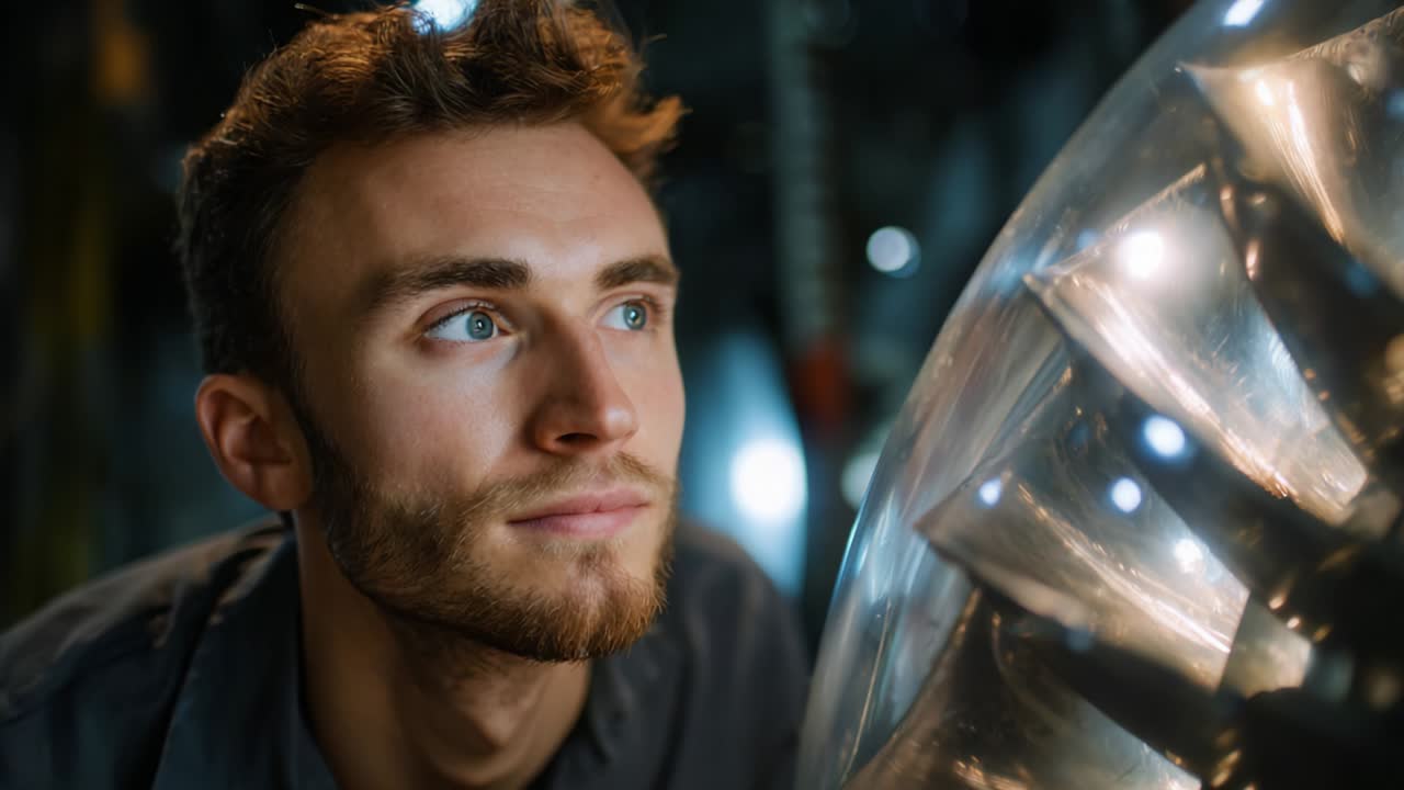 A Young Man Gazes Thoughtfully at a Fascinating Mechanical Component, Deep in Contemplation and Curiosity, Capturing the Essence of Innovation and Exploration in a Dynamic Environment